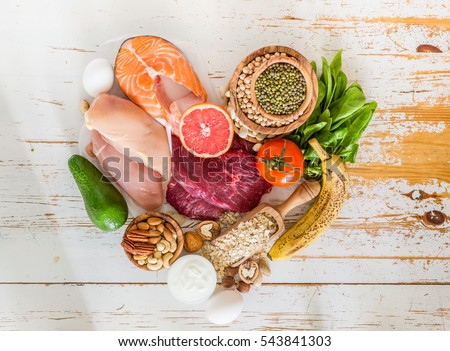 Selection of food for weight loss, copy space Royalty-Free Stock Photo #543841303
