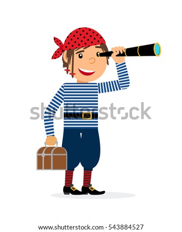 Pirate looking in the spyglass with the chest of treasures. Vector illustration