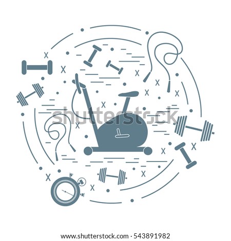 Vector illustration of different kinds of sports equipment arranged in a circle. Including icons of skipping rope, stopwatch, exercise bike, dumbbells. Isolated elements on white background.