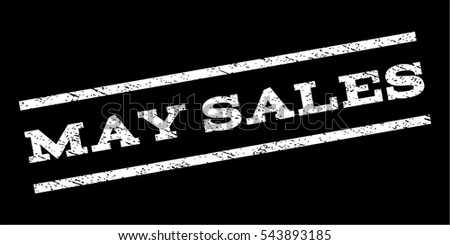 May Sales watermark stamp. Text tag between parallel lines with grunge design style. Rubber seal stamp with scratched texture. Vector white color ink imprint on a black background.