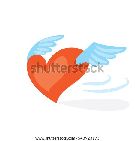 Cartoon valentines day romantic illustration . Red flying heart with wings.  Holiday flat vector design,  on white background.