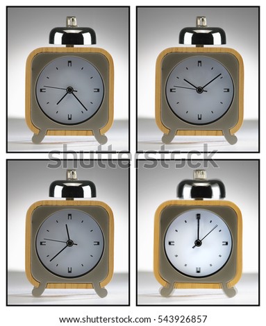 FOUR PICTURE SEQUENCE OF HANDS MOVING ON ALARM CLOCK