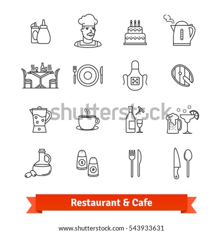 Restaurant & Cafe thin line art icons set. Food cooking, serving dishes, kitchen utensil. Linear style symbols isolated on white.