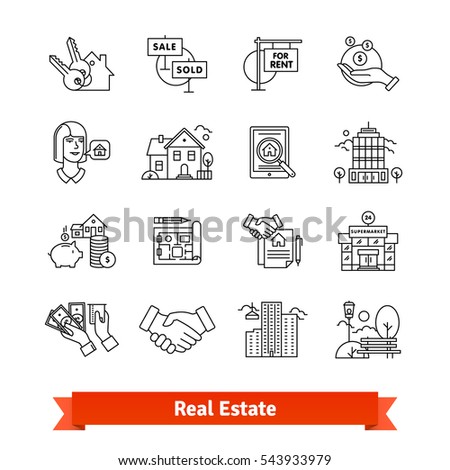 Real estate thin line art icons set. Residential and commercial building deals. Linear style symbols isolated on white.