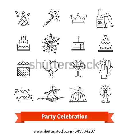 Party thin line art icons set. Festive and entertainment events, celebration, festivities. Linear style symbols isolated on white.