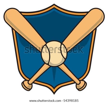 Vector baseball icon with two bats and a ball over a shield.