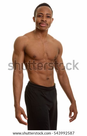 Young African man shirtless isolated against white background