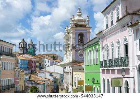 Pelourinho Salvador da Bahia Brazil historic colonial church architecture under bright blue skies