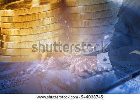 Double exposure businessman use smartphone on money coin and credit card background. 