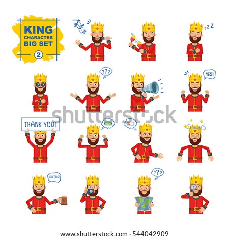 Big set of medieval king emoticons showing different actions, gestures, emotions. Cheerful king karaoke singing, dancing, sleeping, holding banner and doing other actions. Simple vector illustration