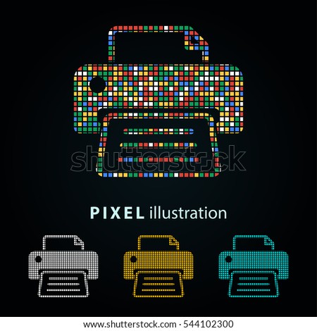 Printer - pixel icon. Vector Illustration. Design logo element. Isolated on black background. It is easy to change to any color.