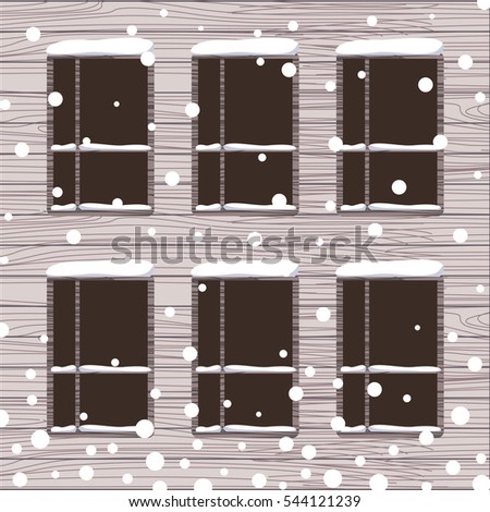 Vector illustration of snowed wooden wall with windows. Gray and brown colors.
