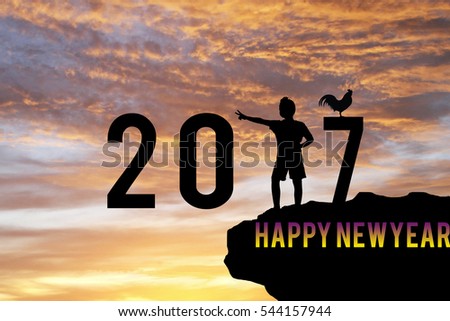 silhouette of little boy enjoin to new year 2017