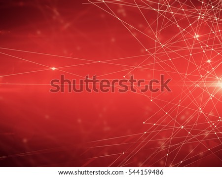 Abstract connected points on bright red background. Technology concept