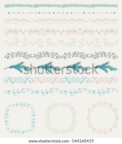 Collection of Colorful Seamless Hand Sketched Artistic Rustic  Decorative Doodle Vintage Borders and Frames, Branches and Brackets. Design Elements. Hand Drawn Illustration. 