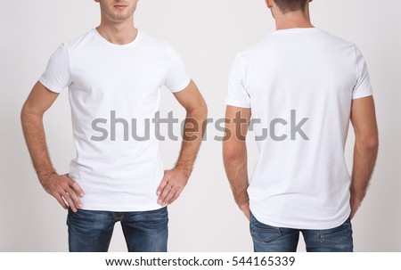 Shirt design and people concept - close up of young man in blank white tshirt front and rear isolated. Mock up template for design print Royalty-Free Stock Photo #544165339