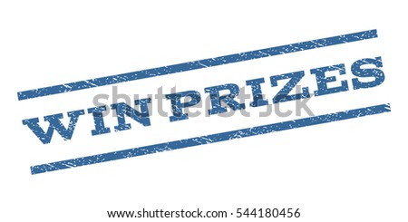 Win Prizes watermark stamp. Text caption between parallel lines with grunge design style. Rubber seal stamp with dirty texture. Vector cobalt blue color ink imprint on a white background.