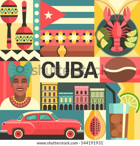 Cuba travel poster concept. Vector illustration with Cuban culture and food icons, including maracas, retro car, dish with lobster, architecture and portrait of Cuban Woman in trendy flat style. Royalty-Free Stock Photo #544191931