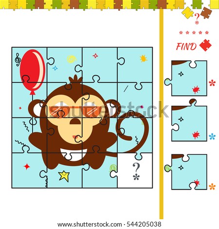 Visual educational puzzle to learn. Activity task for preschool children with monkey