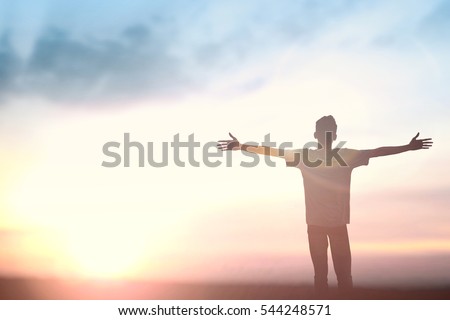 Happy muslim man reborn worship god on morning. Self Praise bible for victory yourself love sunset, educate concept for success peace, freedom financial, good energy vision positive thinking wellbeing Royalty-Free Stock Photo #544248571