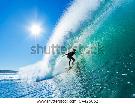 Surfer on Amazing Blue Wave in the Barrel, Epic Tube Royalty-Free Stock Photo #54425062