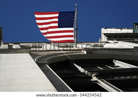New York City, Manhattan, streets and buildings vintage style photography with United States flag.