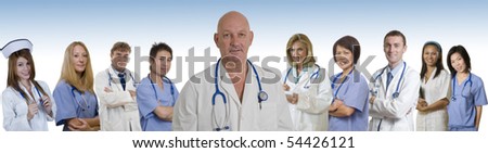 Doctor and Nurse and Interns standing with white background