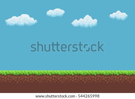 Pixel art game background with ground, grass, sky and clouds Royalty-Free Stock Photo #544265998
