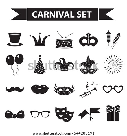 Carnival icon set, black silhouette style. Party, masquerade collection signs, symbols, isolated on white background. Vector illustration clip-art