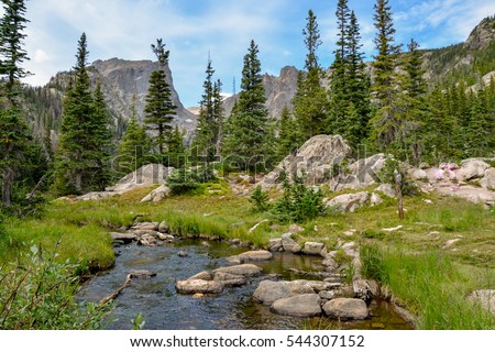 Tyndall creek crossing Emerald Lake trail with Hallett peak in the background
Rocky Mountain National Park, Estes Park, Colorado, United States Royalty-Free Stock Photo #544307152