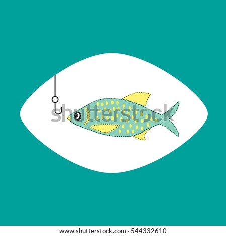 Fishing emblem. Freehand drawn fancy icon in cartoon style. Colorful animal logo template. Fish, fishermen hook sign. Element for project banner background. Vector design of advertisement label symbol