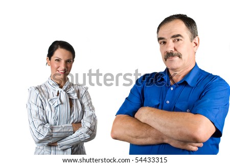 Two business people standing both with arms crossed  mature businessman in front of camera,selective focus on him isolated on white background