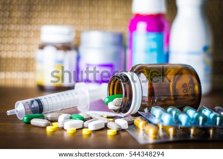 Drug prescription for treatment medication. Pharmaceutical medicament, cure in container for health. Pharmacy theme, capsule pills with medicine antibiotic in packages.  Royalty-Free Stock Photo #544348294