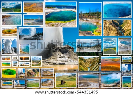 Yellowstone pictures collage of different locations landmark of Yellowstone National Park, Wyoming, United States. Castle Geyser erupts with hot water and steam in background.