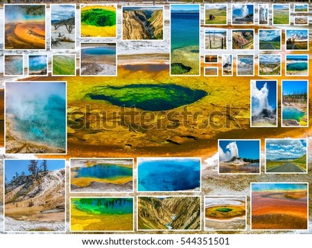 Yellowstone pictures collage of different locations landmark of Yellowstone National Park, Wyoming, United States with Morning Glory Pool in background.