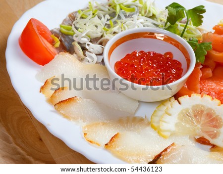 Seafood arrangement.salmon,halibut,roe