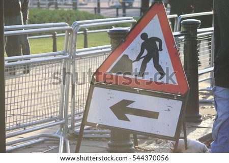 Road work sign. Direct sign in bright light.
