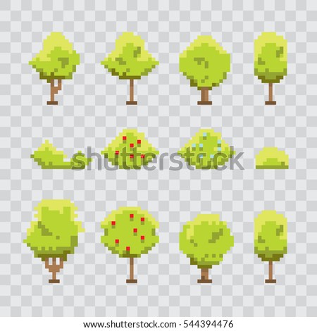 Pixel art green summer or spring trees collection isolated on background. vector trees set for games and mobile applications.
