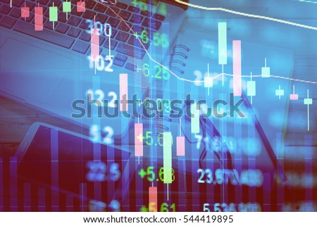 Financial data on a monitor. Forex Graph chart of stock market investment with indicator, price cross with indicator and volume trade. Finance data as concept.