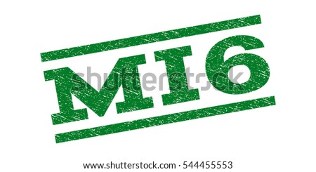 MI6 watermark stamp. Text caption between parallel lines with grunge design style. Rubber seal stamp with dust texture. Vector green color ink imprint on a white background.