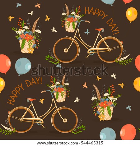 Cute colorful beautiful decorative bicycles seamless pattern with wheels, flowers and balloons and butterflies and basket with flowers. Vector illustration dark background, muted brown.