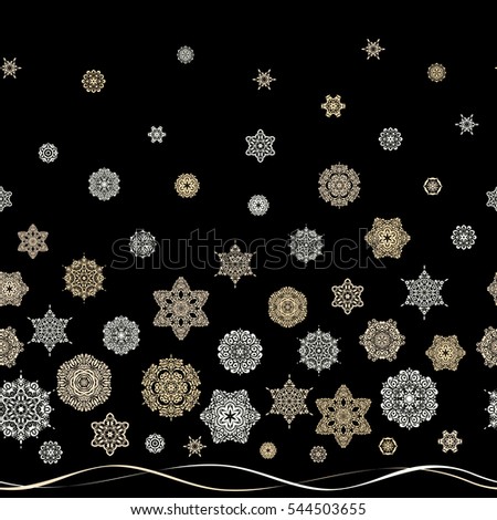 Freehand ethnic Xmas sketch. New Year 2017 collection. Ornamental artistic vector illustration in beige colors for Merry christmas cards. Beige snowflakes seamless pattern in abstract style.
