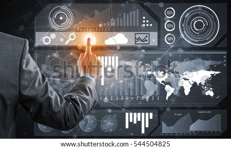 Back view of businessman working with virtual panel