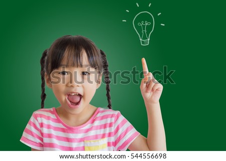 asian child point at the picture of a bulb in the blackboard ,she got an idea