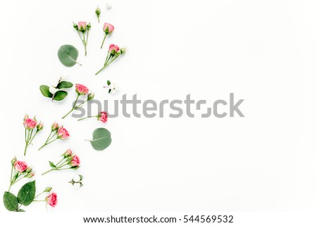 roses, eucalyptus branches, leaves isolated on white background. flat lay, overhead view