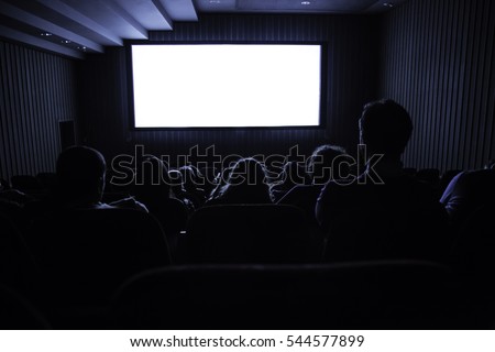 cinema white screen with seats and people silhouettes