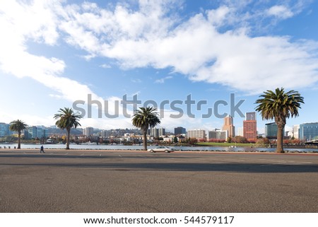 cityscape and skyline of portland from empty road