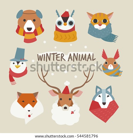 Winter animal face with personified shawl and fur hat vector illustration flat design