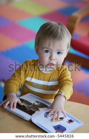 Toddler asking questions and pointing at pictures in a book