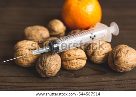 concept food allergies on wooden background